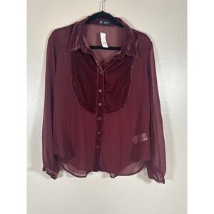 GAP Perfect Shirt Womens Medium Petite Burgundy Red Velvet Bib Sheer Blouse NEW